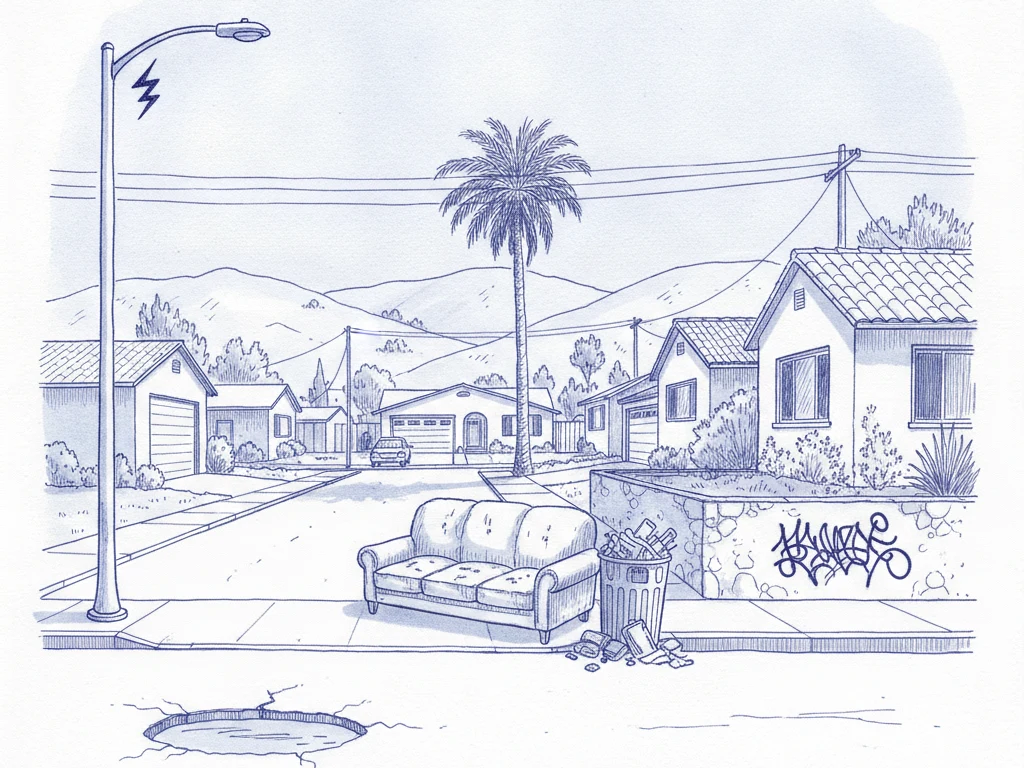 A navy ink line drawing of a residential street: a dark streetlight marked with a fault symbol, a pothole holding standing water, a couch dumped at the kerb, an overflowing public bin, and spray-paint scribbles on a low wall