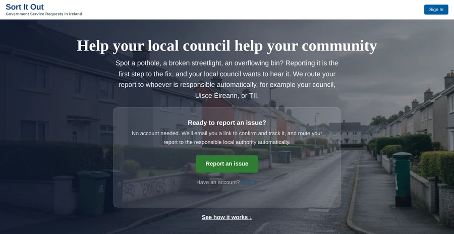 The Sort It Out home page: Help your local council help your community, with a Report an issue button and a mention of routing to your council, Uisce Eireann, or TII