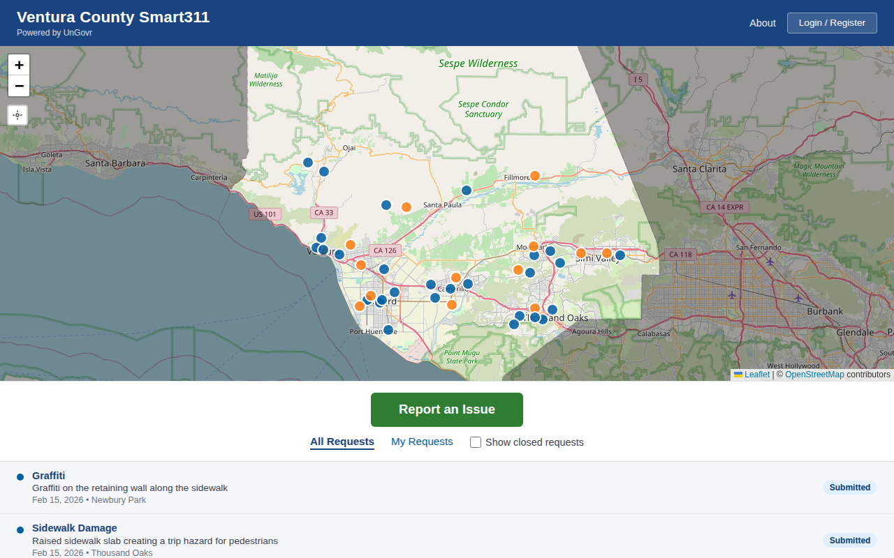 UnGovr Request Ventura County interface showing a map with service request markers