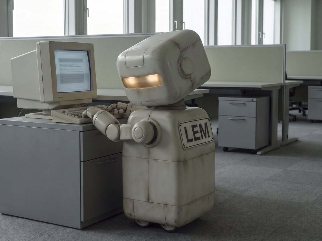 Lem, a small boxy robot with a large LEM name plate across their front and an amber visor lit, stands at a low filing cabinet in an empty municipal office, both arms resting on a keyboard in front of a boxy beige monitor whose screen is too small to read.