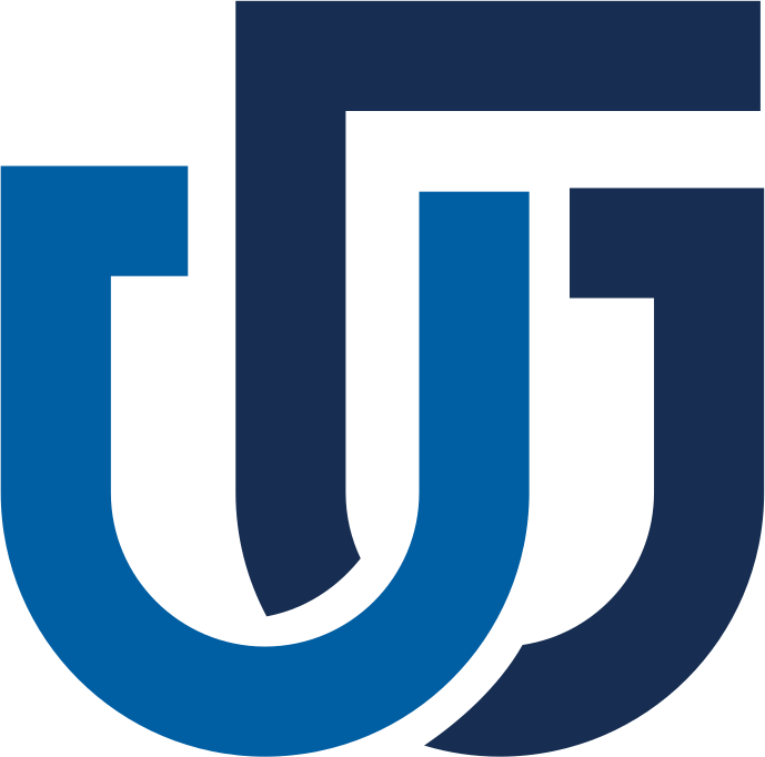 UnGovr monogram, the intersecting U and G letterforms, in blue and navy